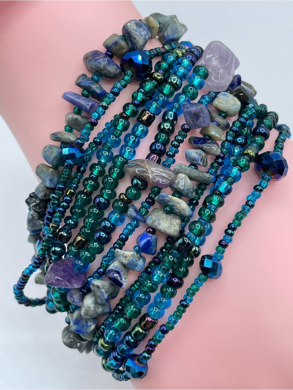 8” Boho Multi Strand Blue Green Purple Blue Seed Bead Gemstone Chip Bracelet